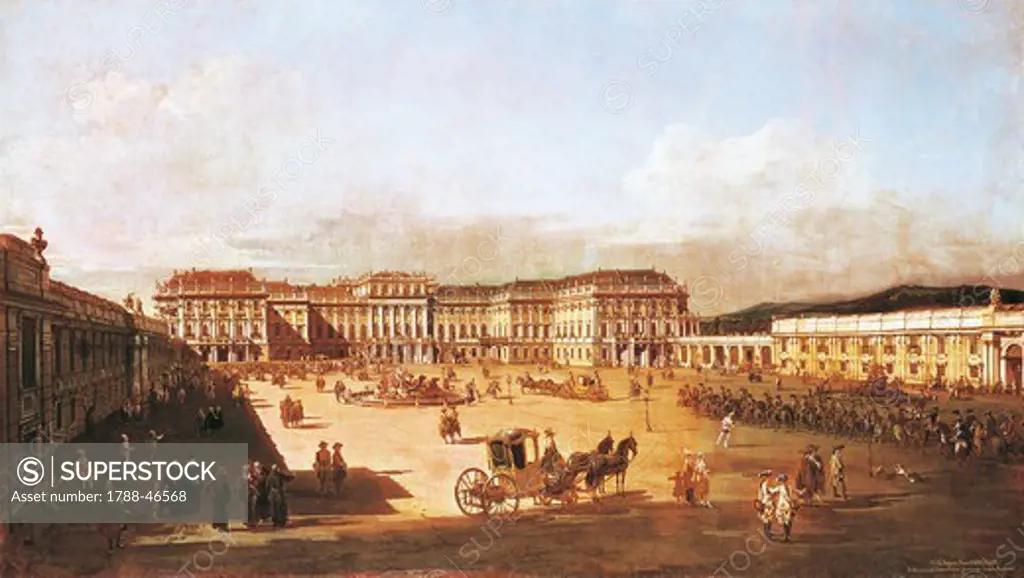 Schoenbrunn Palace seen from the Yard of Honor side, Vienna, 1759-1760, by Bernardo Bellotto, known as Canaletto (1721-1780), oil on canvas.