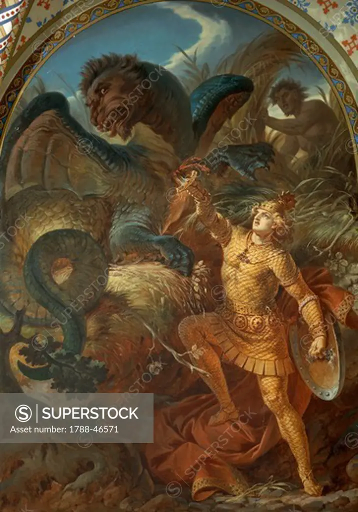 Siegfried wielding his sword slays Fafner the dragon, from the cycle of The Ring of the Nibelung, by Wilhelm Ernst Ferdinand Franz Hauschild (1827-1887). Neuschwanstein Castle, Fussen, Germany.
