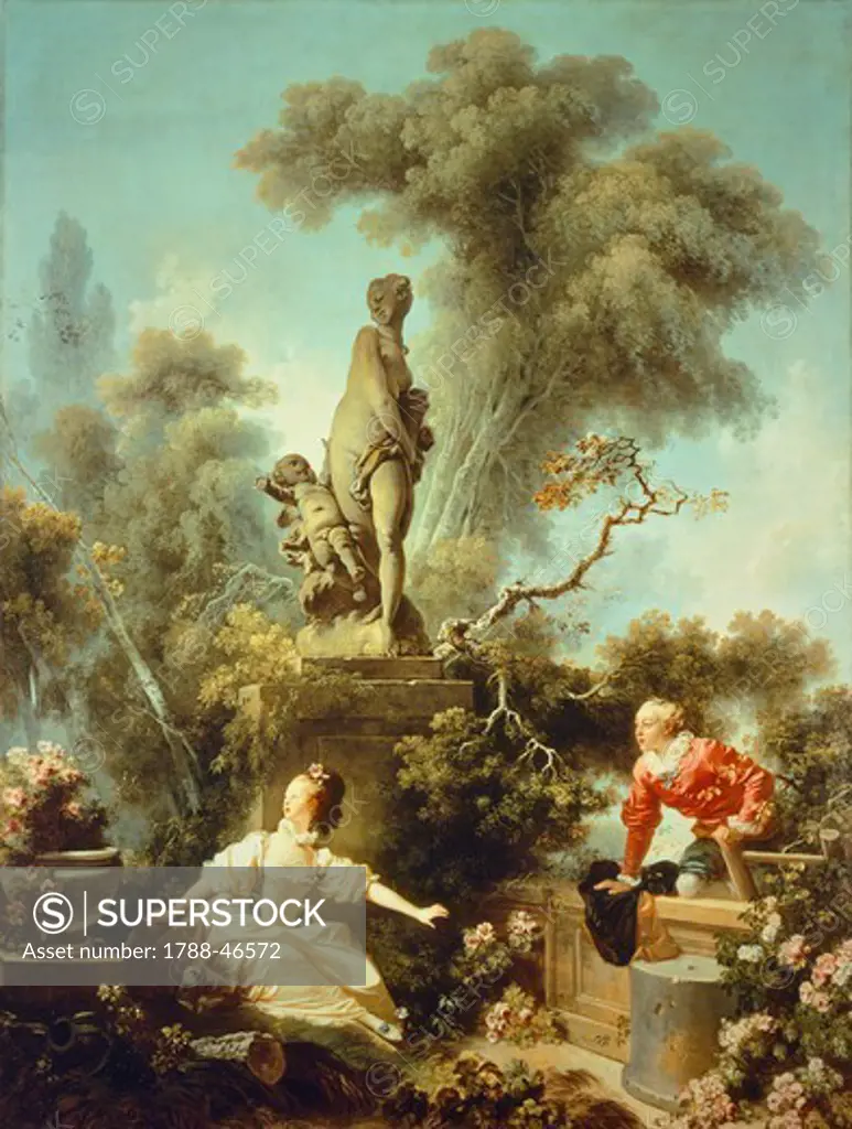 The secret meeting, by Jean-Honore Fragonard (1732-1806), floral panel.