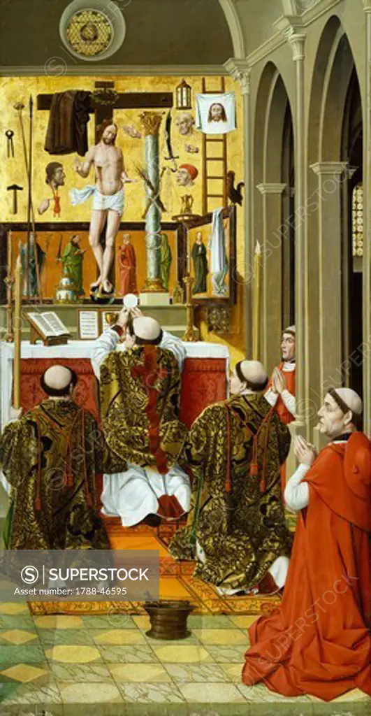 Mass of St Gregory, detail from the Convent of St Clare Altarpiece, in Valencia, 15th century, Spanish painting.