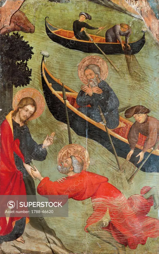 Christ saves St Peter, 1411-1413, by Luis Borrassa (active from 1380, died in 1424 or 1425), panel. Church of St Peter, Tarrasa.