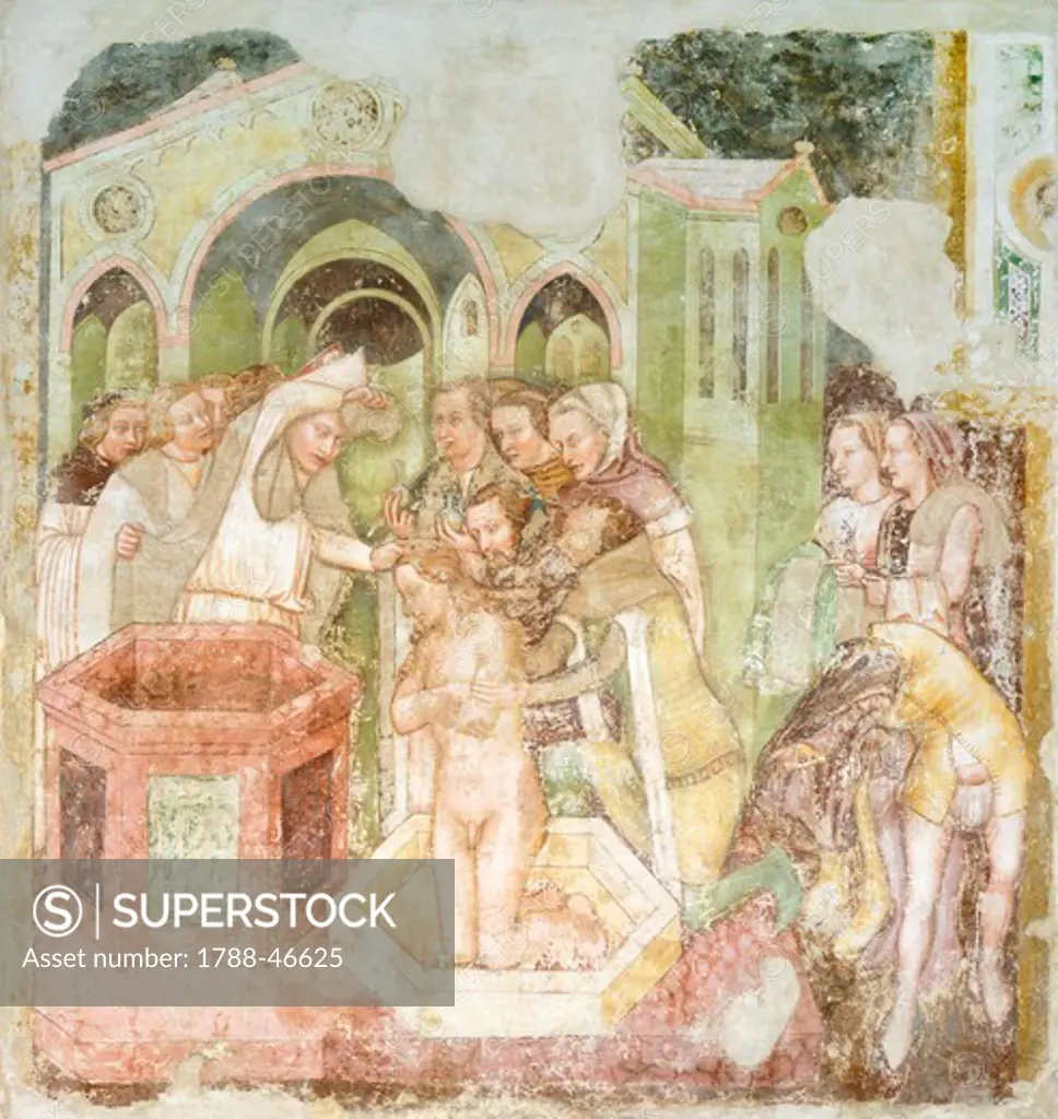 The baptism of the Prince of England, detail from the fresco Legend of St Ursula, 1360-1366, by Tommaso da Modena (1326-1379). Church of St Catherine, Treviso.