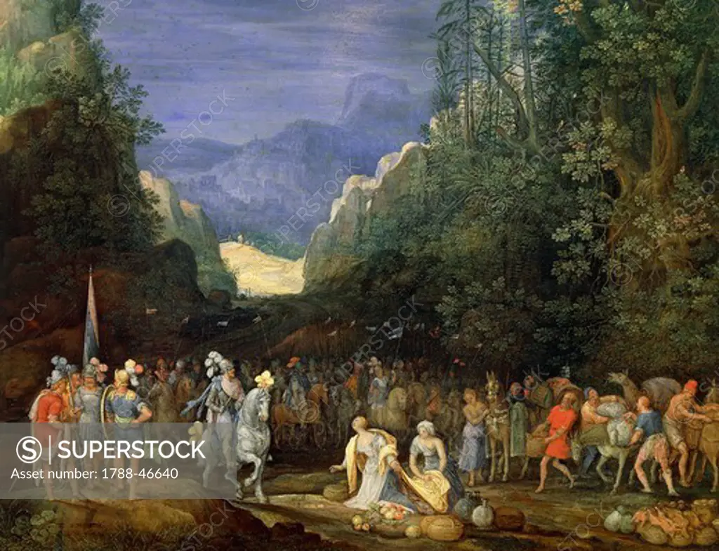 Painting of a mountain landscape with the return of Jephthah, by Pieter Schoubroeck (1570-ca 1607).