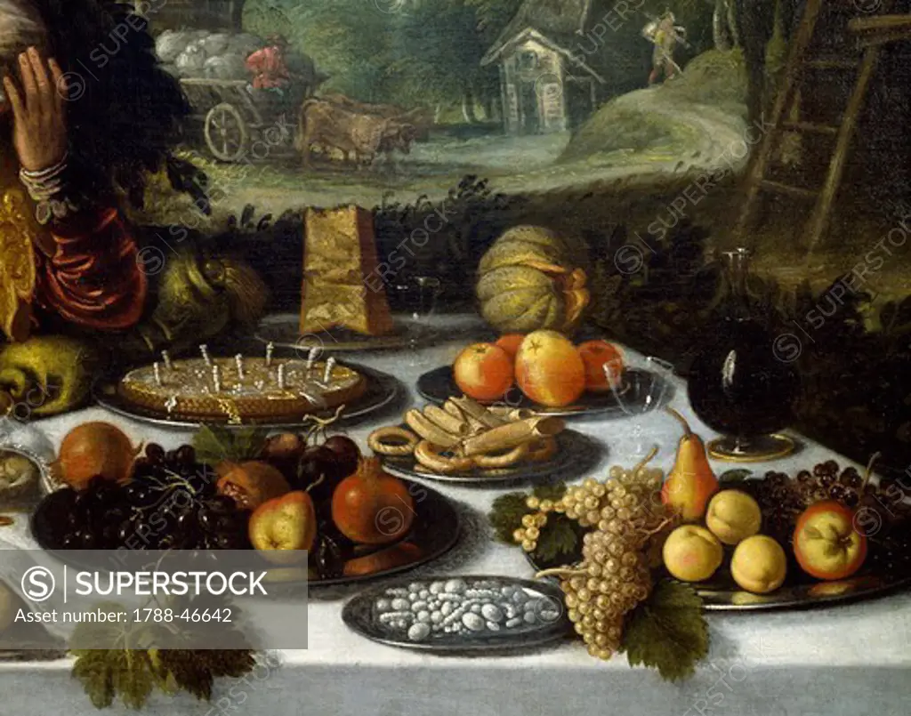 Table spread, detail from Vanity of Wealth, by Lodewijk Toeput (ca 1550-ca 1605).