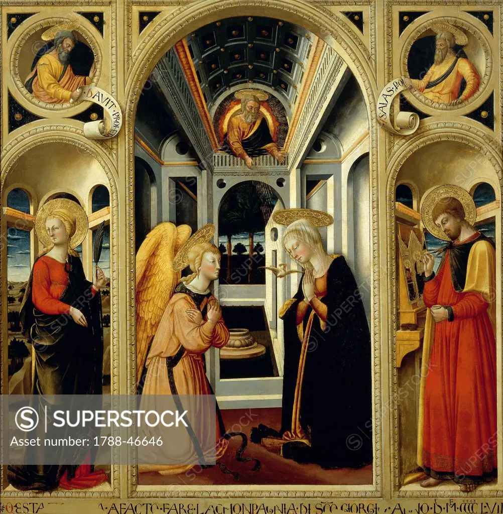 Annunciation showing St Apollonia, St Luke and the prophets David and Isaiah, by Neri di Bicci (1418-1492).