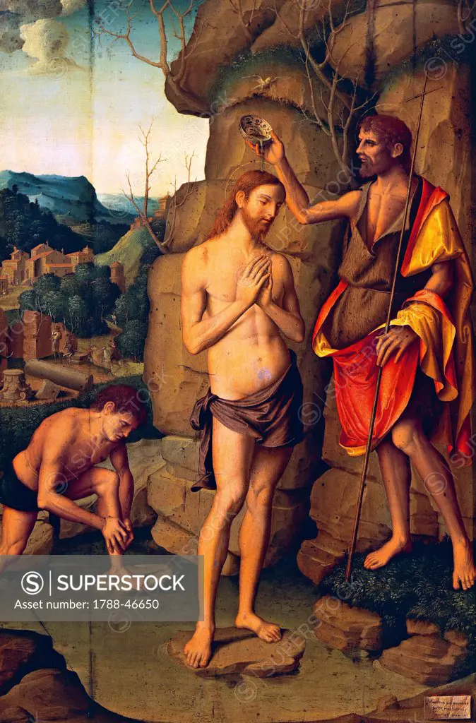 Panel depicting the Baptism of Christ, 1534, by Marco Palmezzano (ca 1459-1539), 90x70 cm.