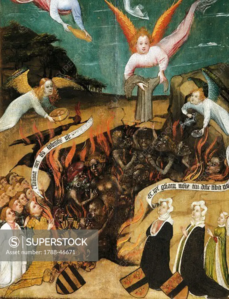 Donors saving souls from hell, ca 1425, by the Master of the Palanter Altarpiece, tempera on panel, 81x45.5 cm.