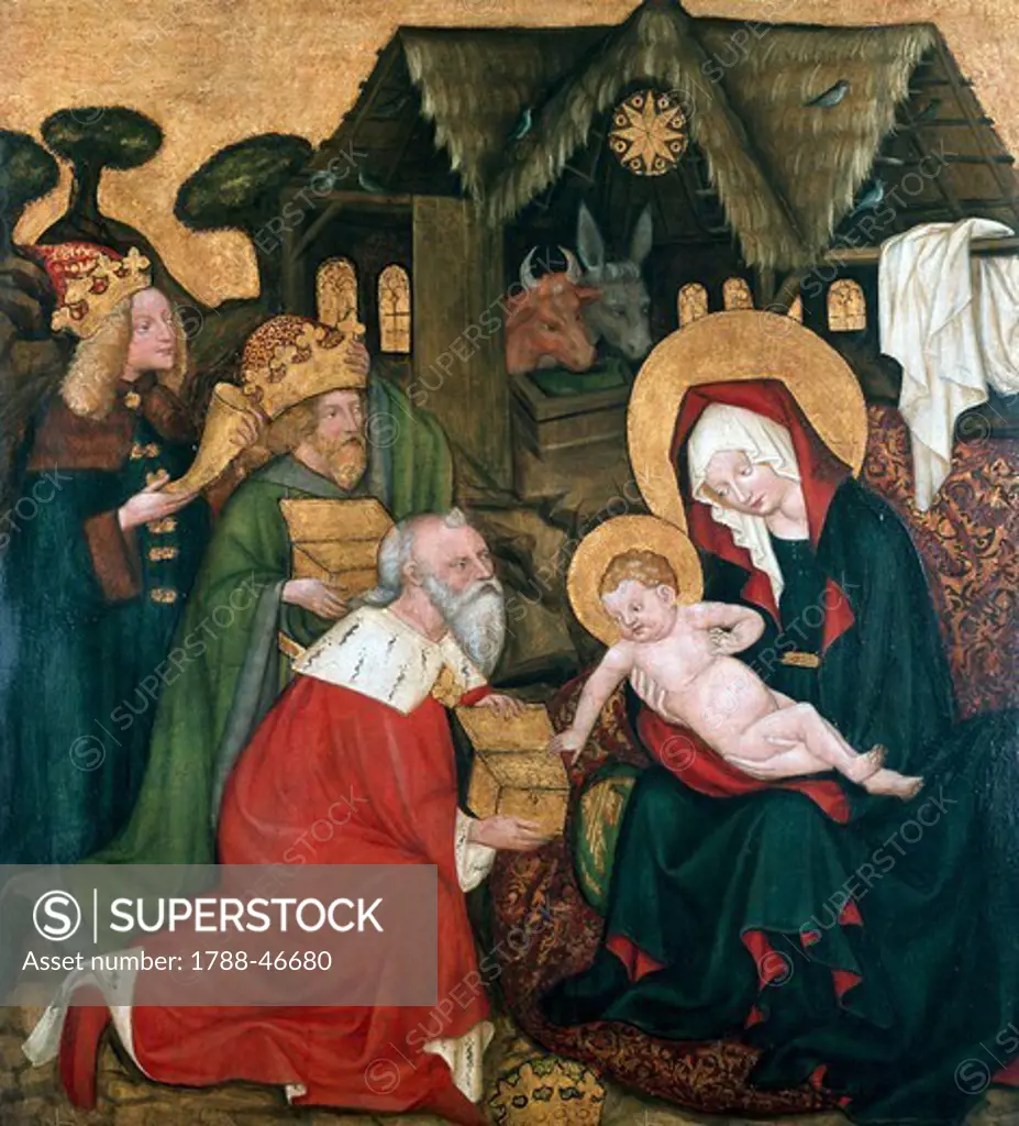 Adoration of the Magi originating from the St James Altarpiece in Brno, ca 1440, Bohemian painting.