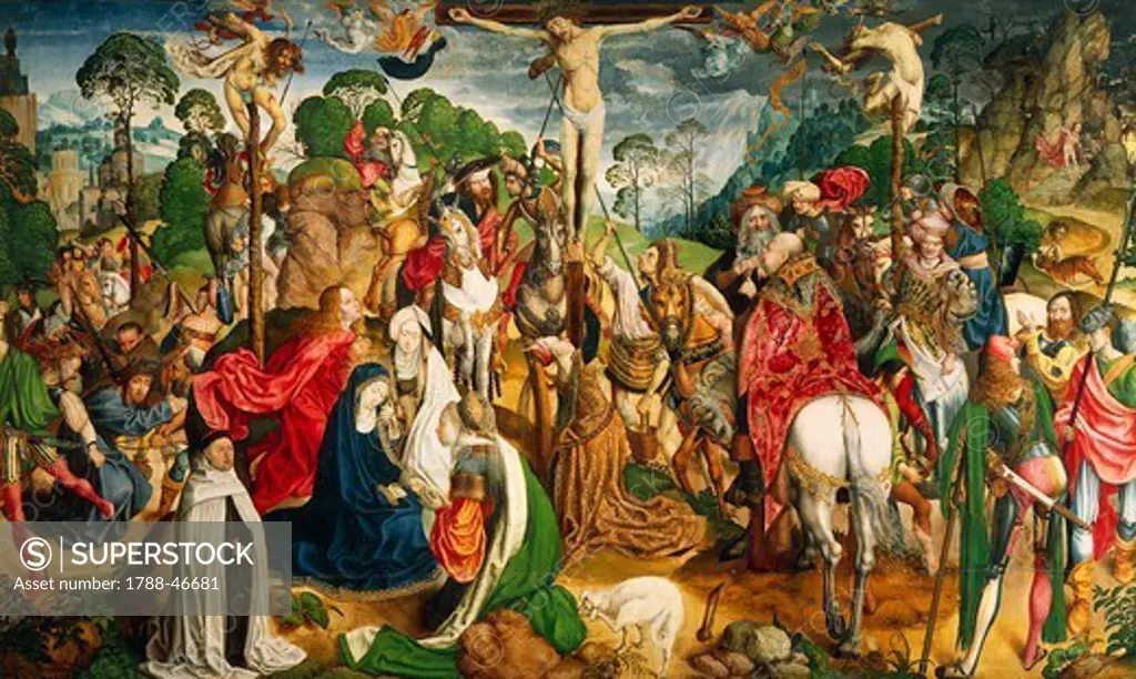 Crucifixion, central panel of the Passion Triptych, ca 1500, by the Master of the Aachen Altarpiece (active 1480-1520), panel, 143x242 cm.