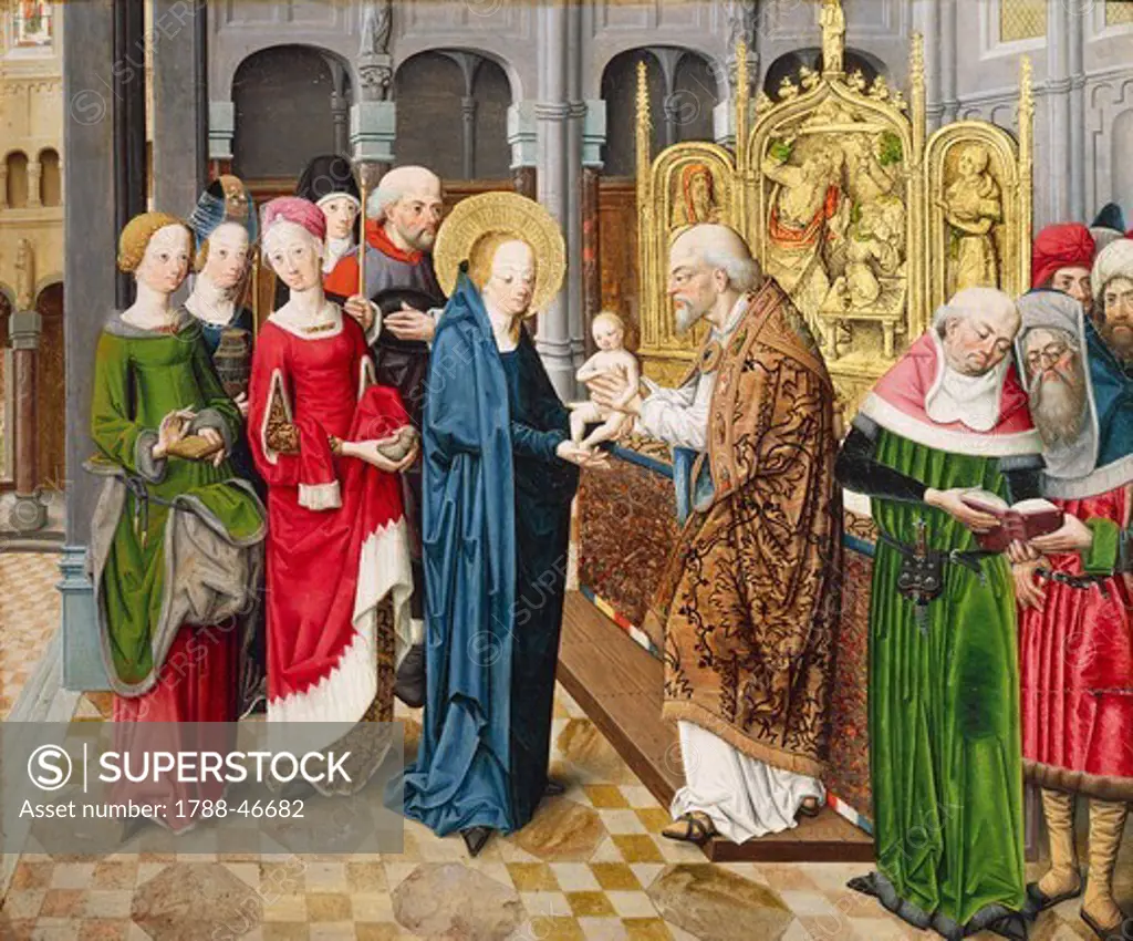 The presentation of Jesus in the temple, scene from the Story of the life of Mary, 1485, by the Master of the Stories of Mary in Aachen (active 15th century), oil on panel.