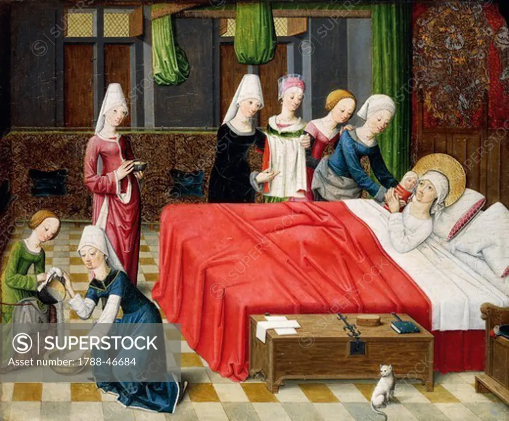 Birth of Mary, scene from Stories of the life of Mary, 1485, by the Master of the Stories of Mary in Aachen (active 15th century), oil on panel.
