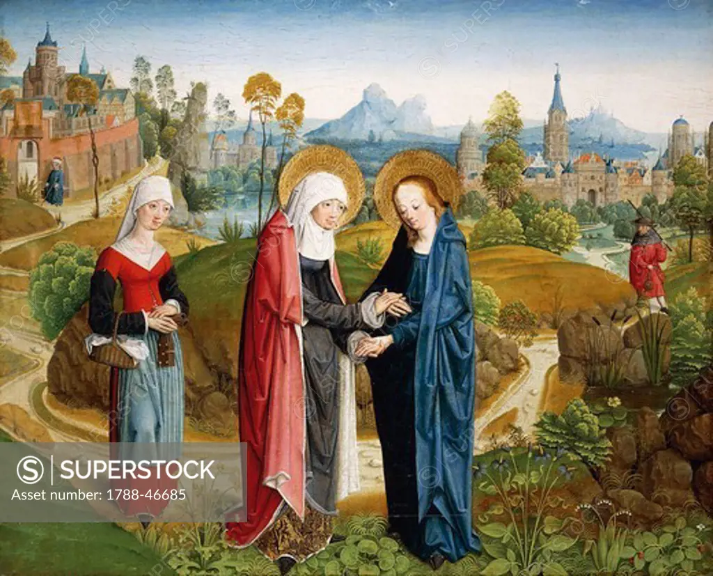 The visitation scene from the life stories of Mary, 1485, the Maestro of the Stories of Mary in Aachen (active 15th century), oil on panel.