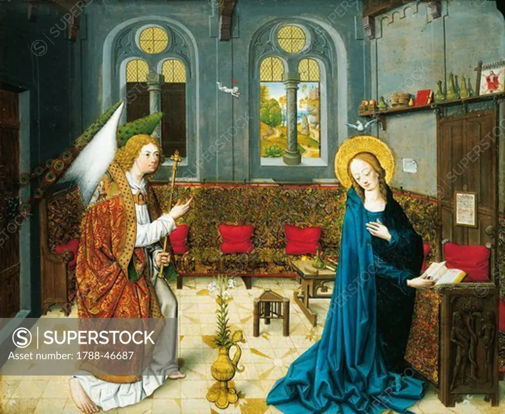 The Annunciation, scene from the story of the life of Mary, 1485, by the Master of the Stories of St Mary of Aachen (active 15th century), oil on panel.