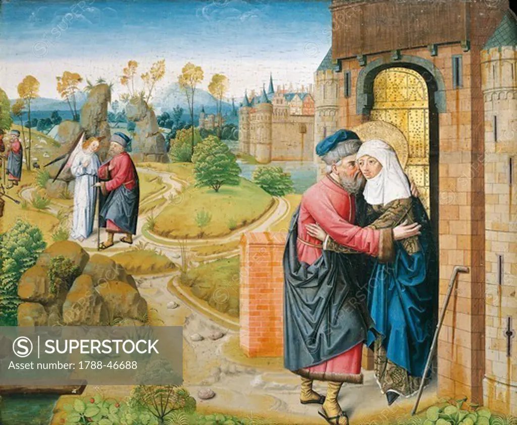 Joachim and Anna at the Golden Gate, scene from Stories of the life of Mary, 1485, by the Master of the Stories of Mary in Aachen (active 15th century), oil on panel.