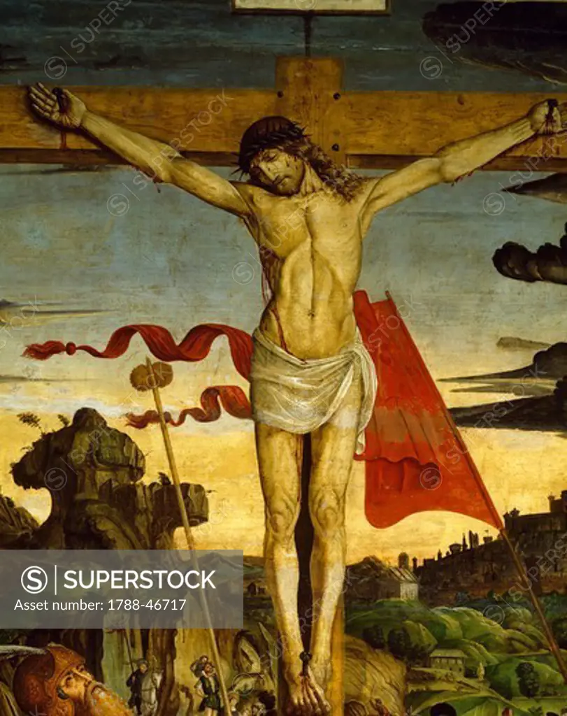 Christ on the Cross, detail from the Crucifixion, by Francesco de' Bianchi Ferrari (ca 1460-1510), panel, 267x220 cm.