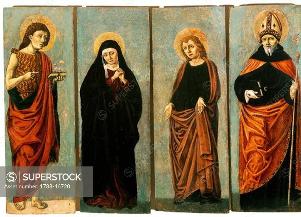 Wooden panel showing St John the Evangelist, St John the Baptist, the Virgin and St Augustine, by Bartolomeo degli Erri (active 1460-1476).