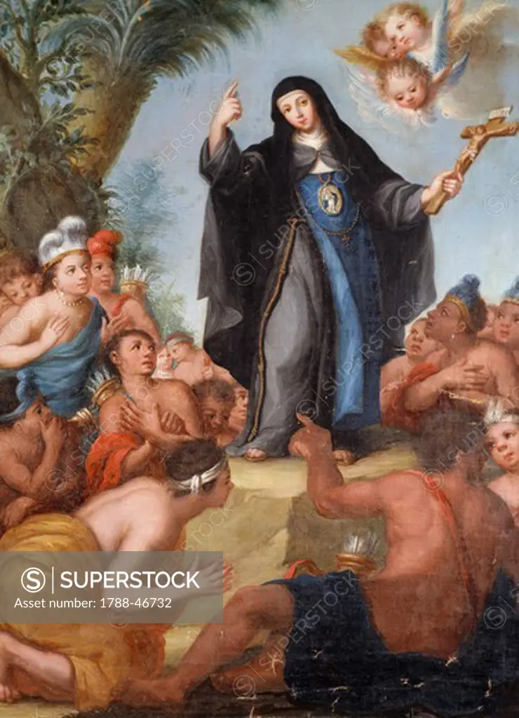 Blessed Maria de Agreda appearing to American Indians, 17th century, Spanish painting.