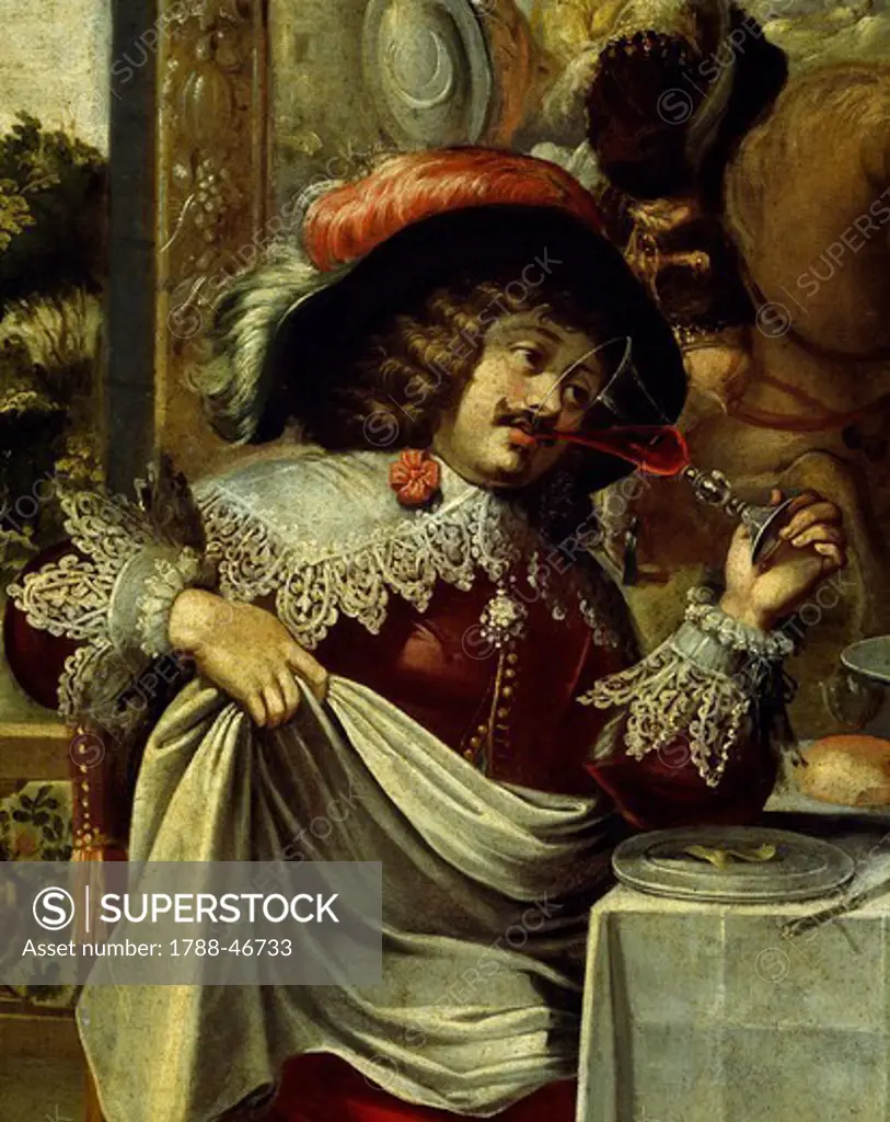 The five senses, taste, by an anonymous painter, copy of an engraving by Abraham Bosse (1602-1676), oil on canvas. Detail.