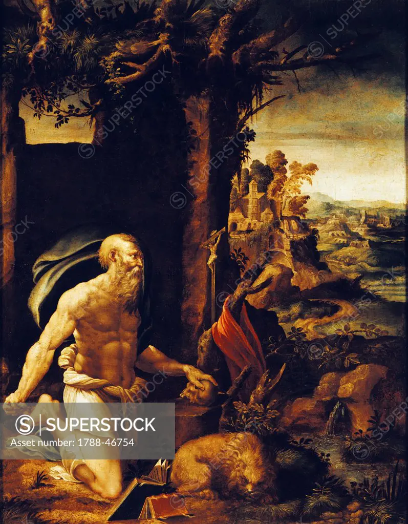 St Jerome the Penitent, 1550-1560, by Jerome Muziano (ca 1528-1592), oil on canvas, 83x109 cm.