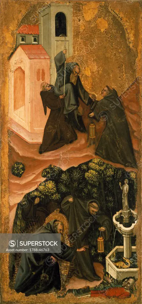 Upper section, St Anthony Abbot leaving his monastery in Patras, lower section, St Anthony Abbot defeating a dragon appearing in a spring, from Stories of St Anthony Abbot, ca 1340, by Vitale da Bologna (born before 1309-died between 1359 and 1361), tempera on panel, 79x37 cm.