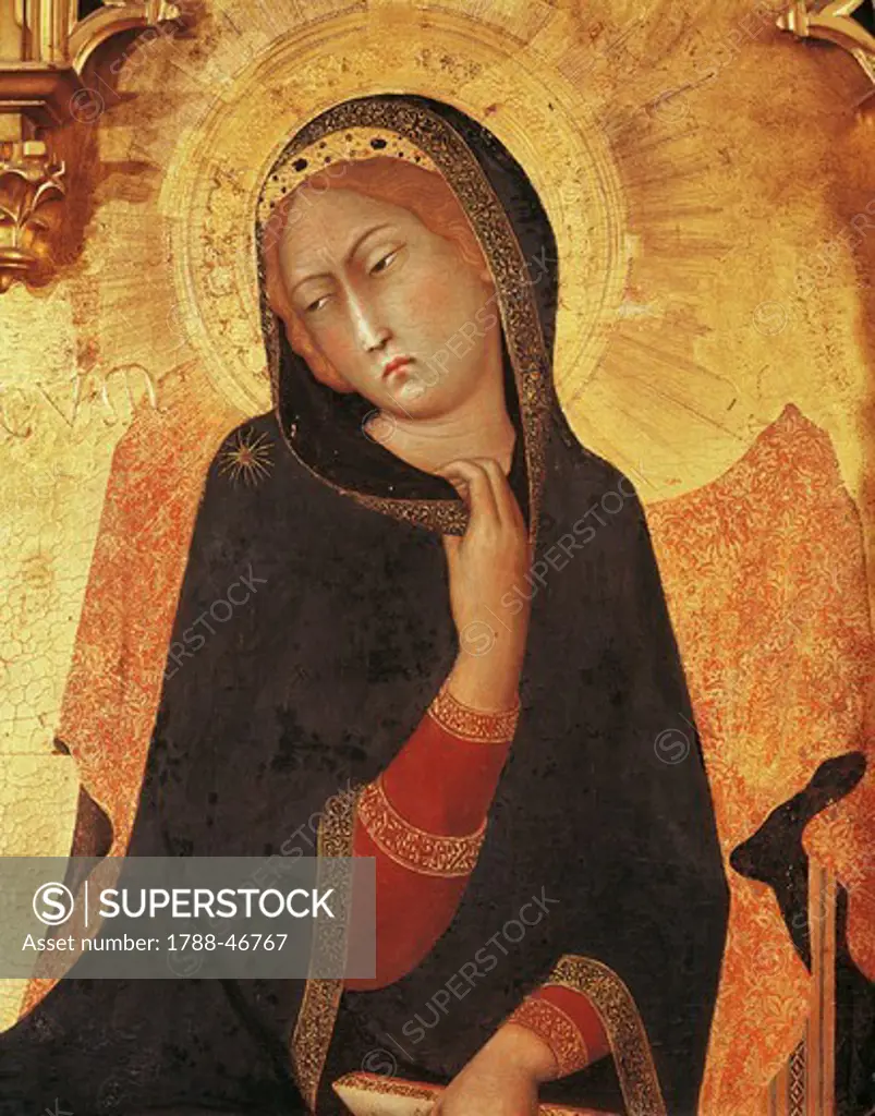 Figure of Mary, detail of the Annunciation with St Ansano and St Massima, 1333, by Simone Martini (1283-1344) and Lippo Memmi (active from 1317 to 1356), painted polyptych stamped in gold leaf, tempera on panel, carved and gilded wood, 265x305 cm.