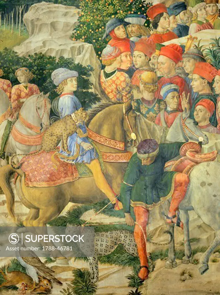The cavalcade of the Magi, 1459, by Benozzo Gozzoli (1420-about 1497), fresco. Detail depicting the parade from the west wall showing Giuliano de Medici and spotted leopard. Palazzo Medici Riccardi, Florence.