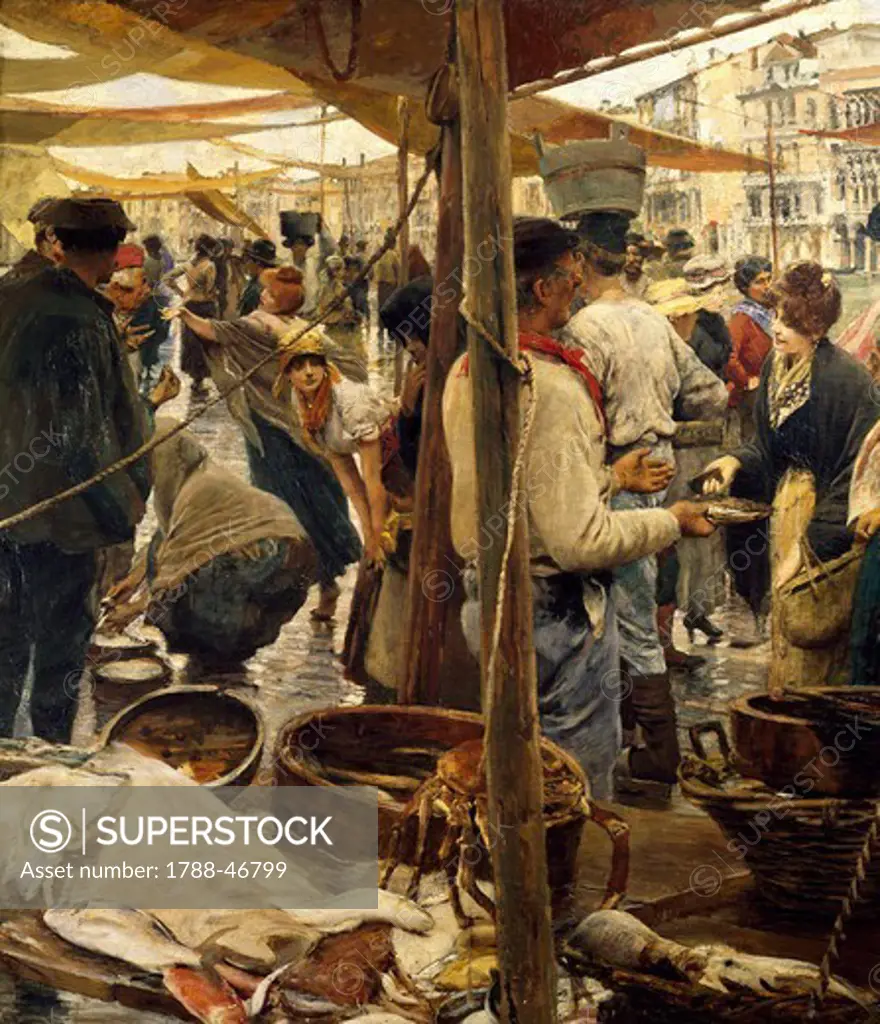 The old fish market in Venice, 1887, by Ettore Tito (1859-1941), oil on canvas, 131x200 cm. Detail.