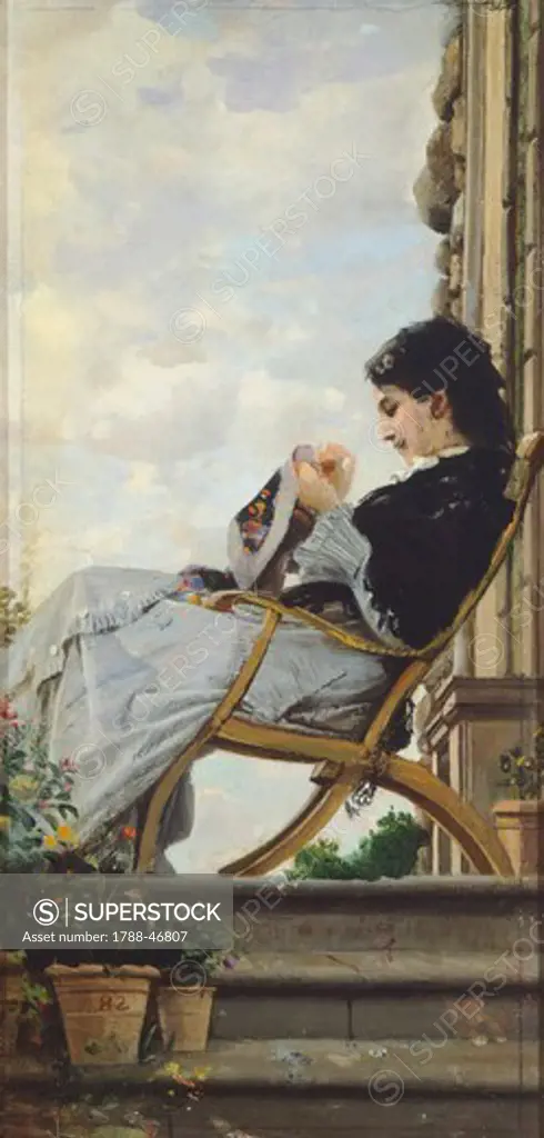 Woman Sewing on the Terrace, 1882, by Cristiano Banti (1824-1904). Oil on canvas, 30.5x15 cm.