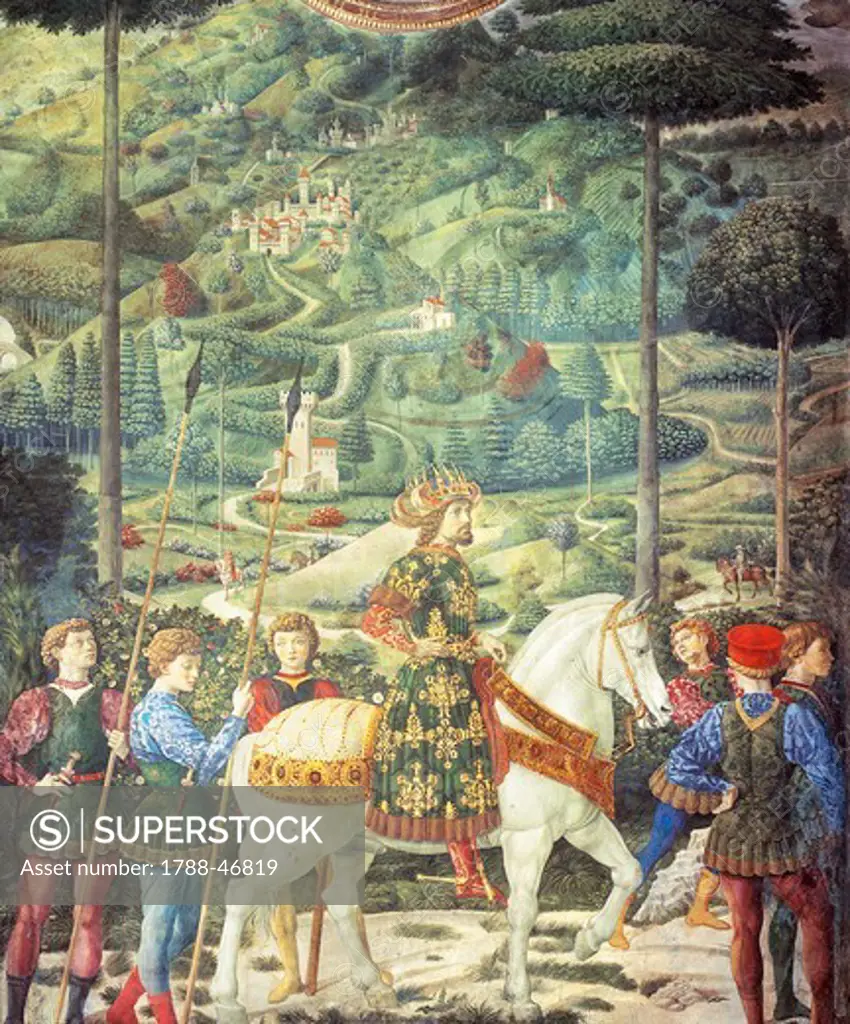 Procession with Giuliano de' Medici, detail from the Procession of the Magi by Benozzo Gozzoli (1420-1497), fresco. Chapel of Palazzo Medici Riccardi, Florence.