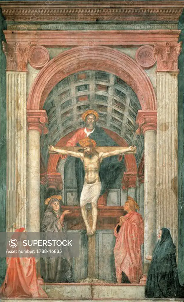 The Trinity, by Tommaso Masaccio (1401-1428), fresco, 317x667 cm. Basilica of Santa Maria Novella, Florence.