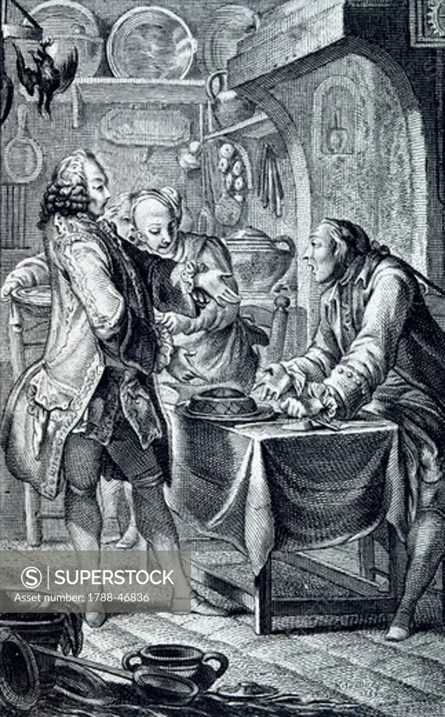 The eel pate, 1762, by Charles Eisen (1720-1778), engraving from Contes de La Fontaine.