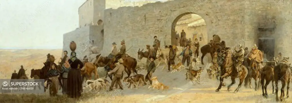 Departure for hunting wild boar in Maremma, 1880-1885), by Eugenio Cecconi (1842-1903), oil on canvas, 52x143 cm.