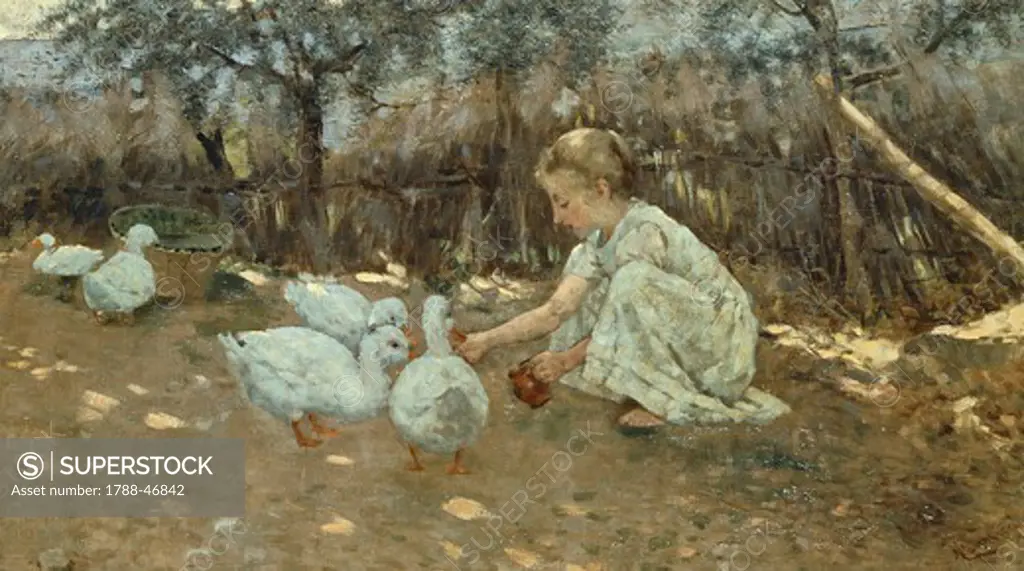 The little goose herd, about 1892, of Niccol÷ Cannicci (1846-1906), oil on canvas, 40,5x70,5 cm.