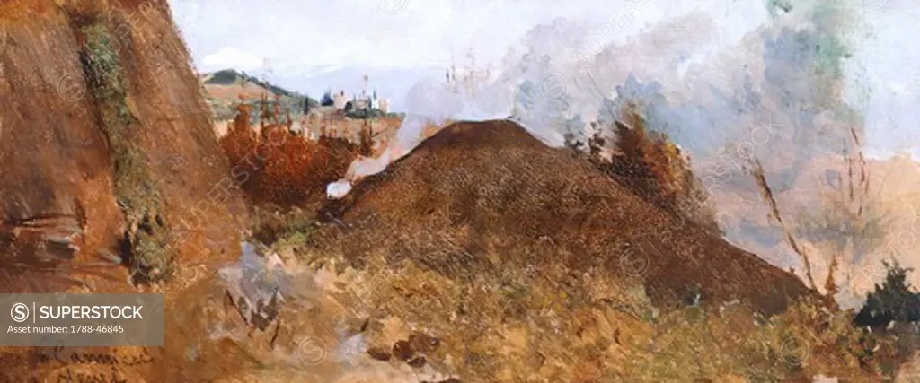 Charcoal pit in the landscape, 1880-1885, by Niccolo Cannicci (1846-1906), oil on wood, 13x31 cm.