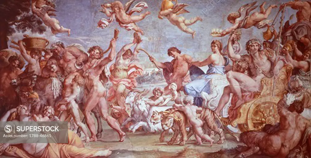The Triumph of Bacchus and Ariadne, 1597-1600, by Annibale Carracci (1560-1609), fresco. Farnese Palace, vault in the gallery, Rome.