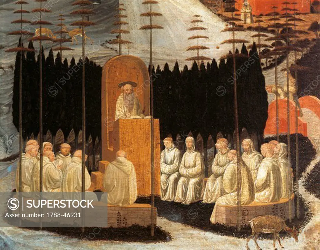 Stories of holy monks: the preaching of St Romuald, by Paolo Uccello (1397-1475), fresco. Upper gallery, Cloister of San Miniato al Monte.