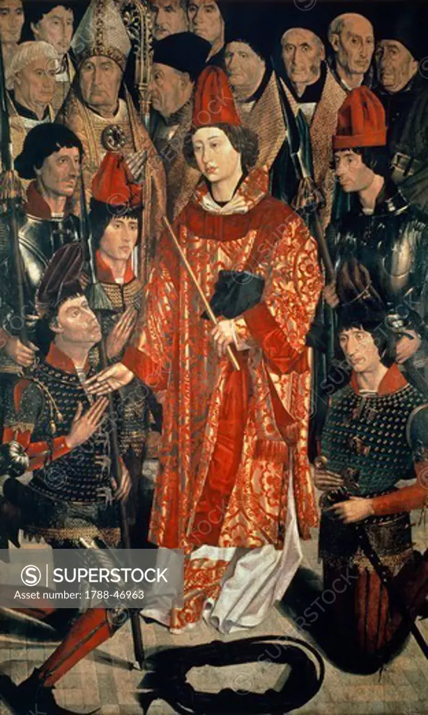 St Vincent surrounded by the highest echelons of the state, detail from the St Vincent Panels, ca 1460, by Nuno Goncalves (active 1450-1471).