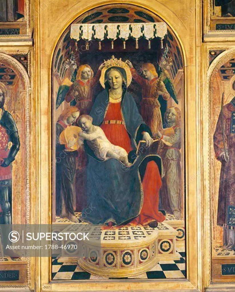 Enthroned Madonna with Child between angels with musical instruments, 185.5x98.5 cm, central panel of the Altarpiece of Santa Maria delle Grazie, by Vincenzo Foppa (ca 1427- ca1515).