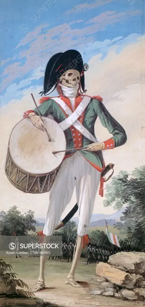 Imperial guard with drum, from the Cycle of Scenes of Living Skeletons, by Paolo Vincenzo Bonomini (1757-1839), tempera on canvas. Church of Santa Grata Inter Vites, in Borgo Canale, Bergamo, Italy.