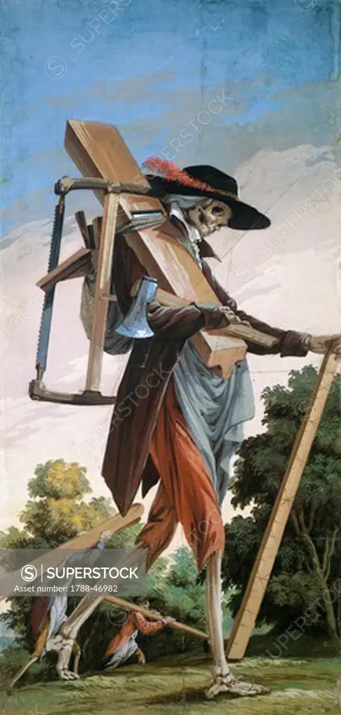 Cooper, from the Cycle of Scenes of Living Skeletons, by Paolo Vincenzo Bonomini (1757-1839), tempera on canvas. Church of Santa Grata Inter Vites, in Borgo Canale, Bergamo, Italy.