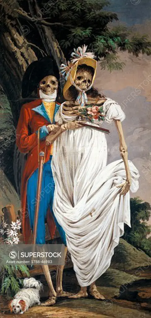 Husband and wife nobles, from the Cycle of Scenes of Living Skeletons, by Paolo Vincenzo Bonomini (1757-1839), tempera on canvas. Church of Santa Grata Inter Vites, in Borgo Canale, Bergamo, Italy.