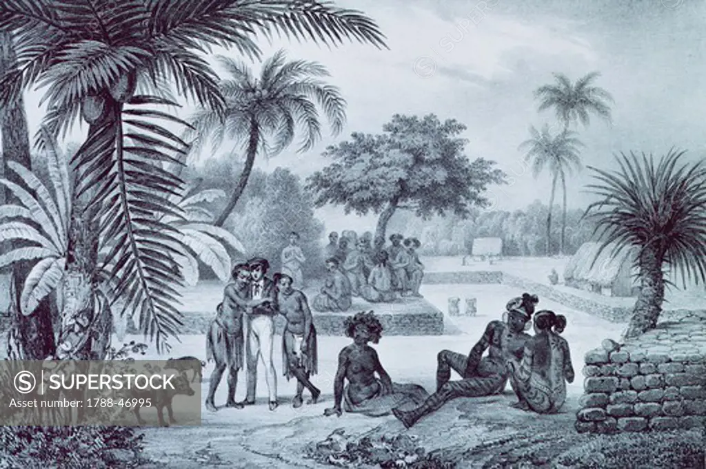 Village at Madre de Dios Bay on Marquesas Islands,1836, engraving from the Voyage of Abel Aubert Dupetit Thouars, Polynesia 19th Century.