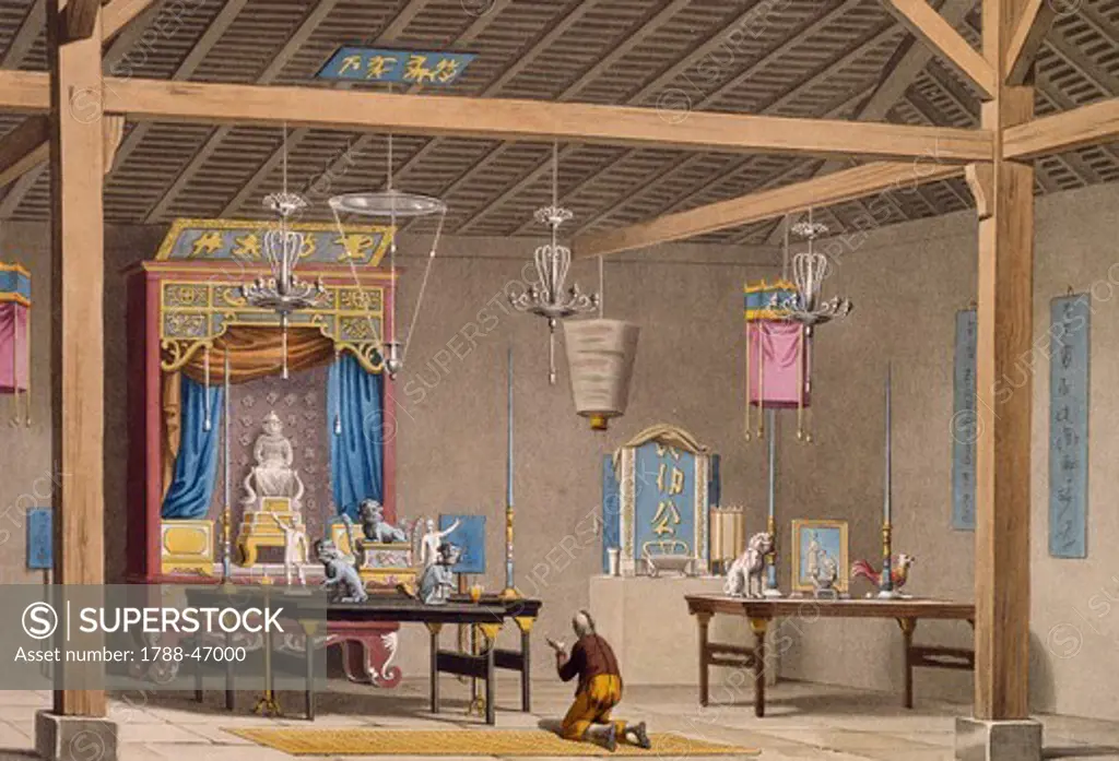 Interior of the Chinese temple in Coupang, on the island of Timor, 1817-1820, by Jacques Arago (1790-1855), engraving from the Voyage Autour du Monde by Louis Claude de Saulces de Freycinet (1779-1842).