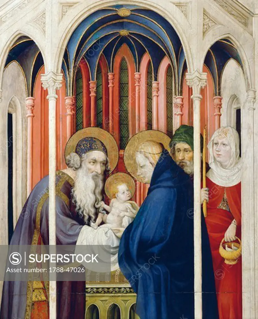 Circumcision of Jesus, right panel of the Champmol Altarpiece, 1393-1399, by Melchior Broederlam (ca 1355-1411), tempera on panel, 167x125 cm.
