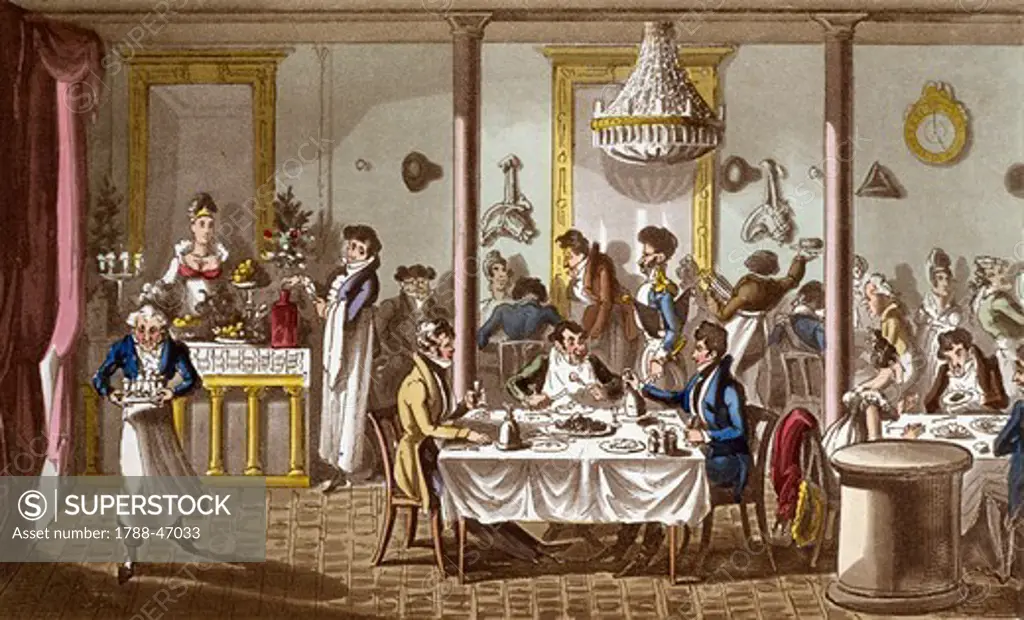Lunch at Palais Royal, 1822, by George Cruikshank (1792-1878), coloured engraving taken from Life in Paris, Comprising the Rambles, Sprees, and Amours of Dick Wildfire, by David Carey.