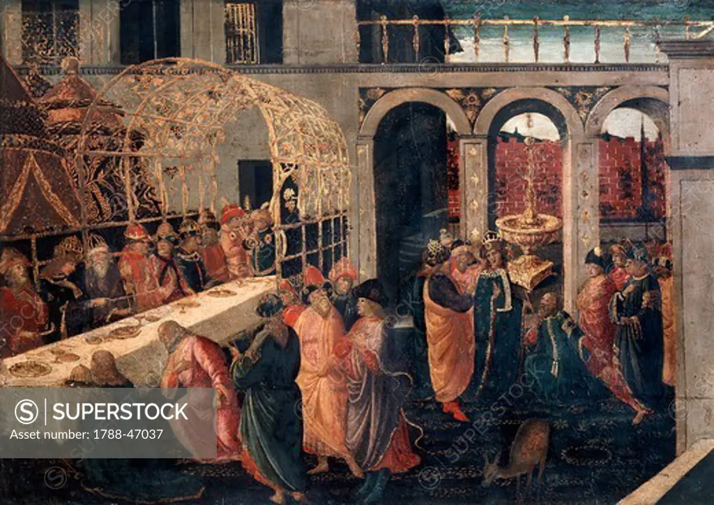 The Banquet of Ahasuerus and Queen Vashti, panel from Esther and Ahasuerus' wedding chest, ca 1490, by Jacopo del Sellaio (ca 1441-1493), tempera on wood panel.
