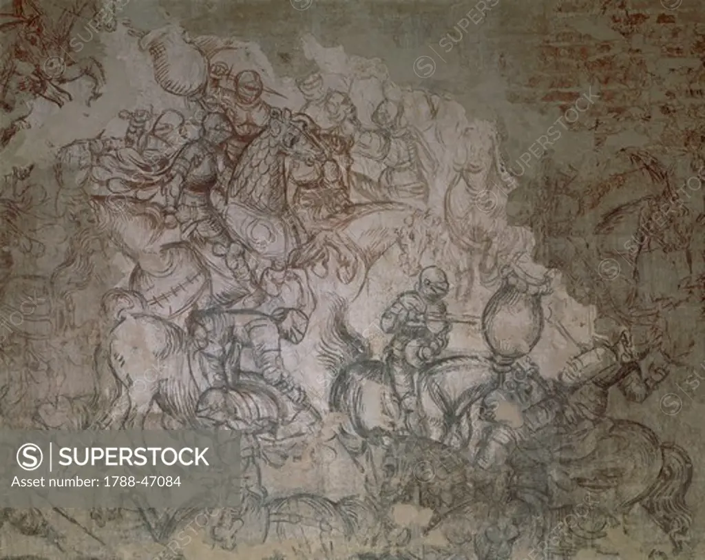 Tournament-Battle of Louvezerp, by Pisano known as Pisanello (pre-1395-ca 1455), ocher fresco. Detail. Palazzo Ducale, Mantua.