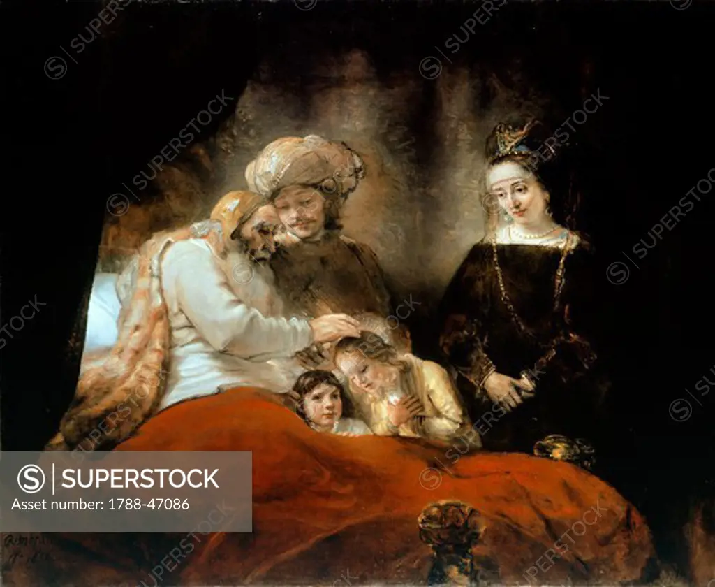 Jacob blessing Joseph's sons, 1656, by Rembrandt (1606-1669), oil on canvas, 177x210 cm.