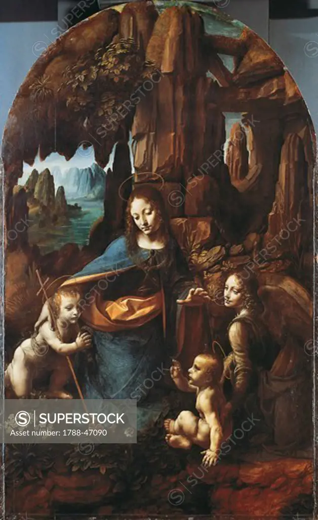 Virgin of the Rocks, 1483-1490, by Leonardo da Vinci (1452-1519), oil on panel transferred to canvas, 197x120 cm.