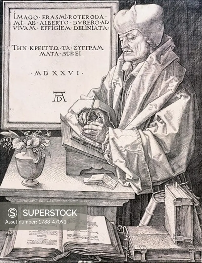 Erasmus of Rotterdam (Rotterdam 1466-1469 - Basel 1536), humanist and theologian, 1526, by Albrecht Durer (1471-1528), engraving.